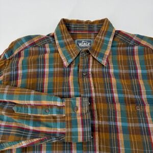 Woolrich Mens Large Long Plaid Flannel Button Down Shirt Sandstone VTG